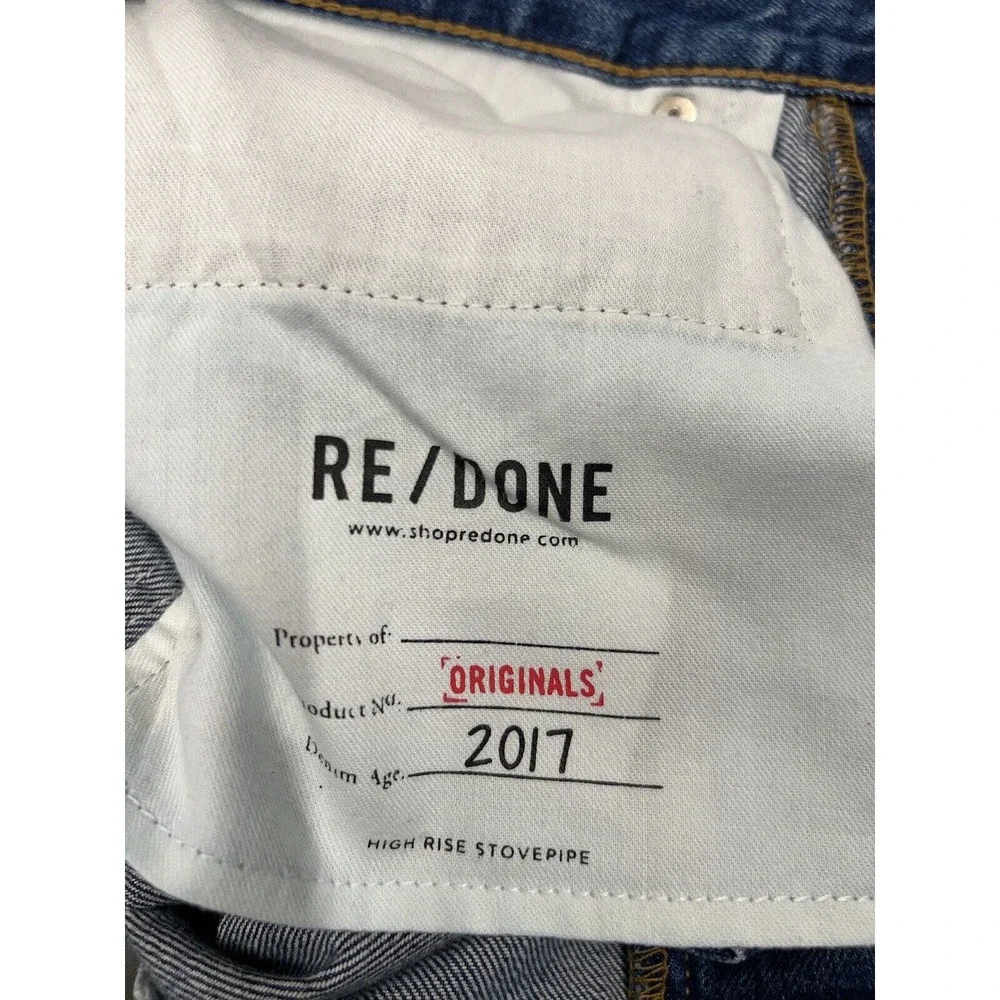 REDONE Originals High Rise Stove Pipe Cotton Button-Fly Raw Hem Blue Jeans 30‎